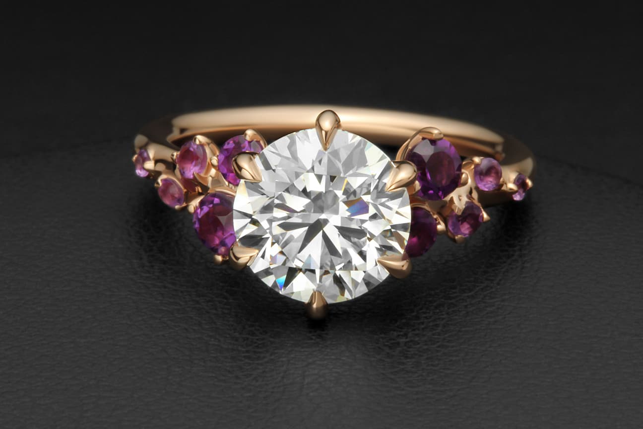 Round Diaomnds and Amethyst Michal Ring
